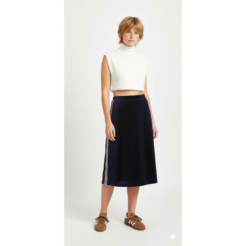 NWT Elie Tahari Velvet Midi Skirt Navy L‎ Side Stripe Office Siren Sporty Chic - Picture 8 of 16